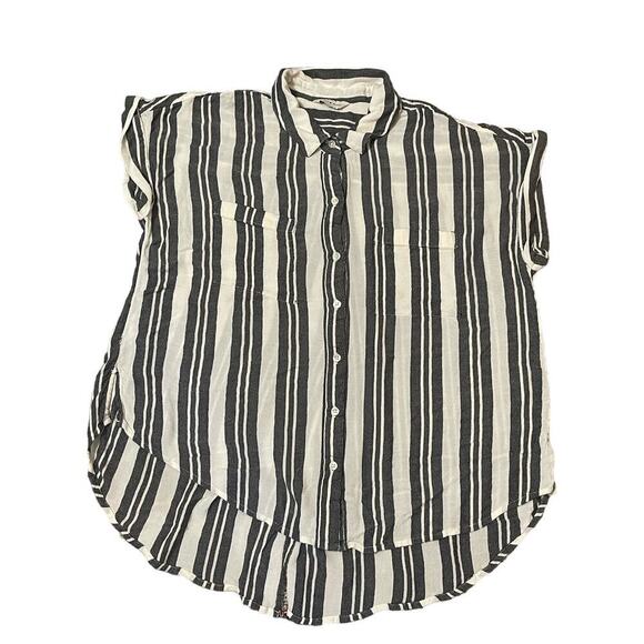 Lucky Brand Womens Split Back Blouse Large Striped Button Front Loose Fit Collar - Picture 1 of 7